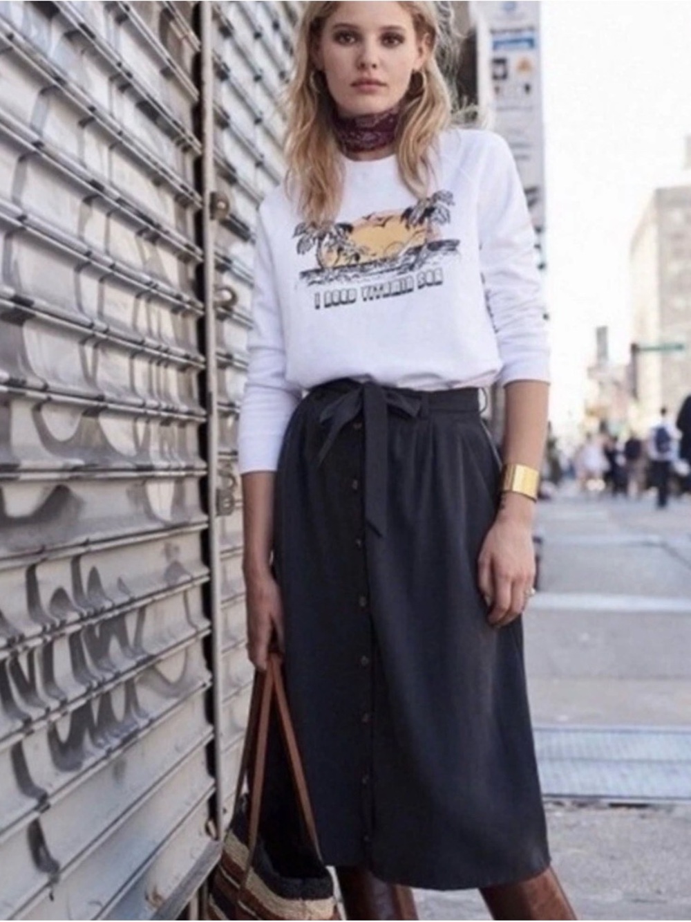 Sezane Sea New York Manhattan Midi Skirt Tie Belt Buttons Slate Sz 8/FR 40